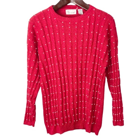 Vintage classic red pearl embellished heavy cable knit holiday sweater medium - Picture 1 of 7